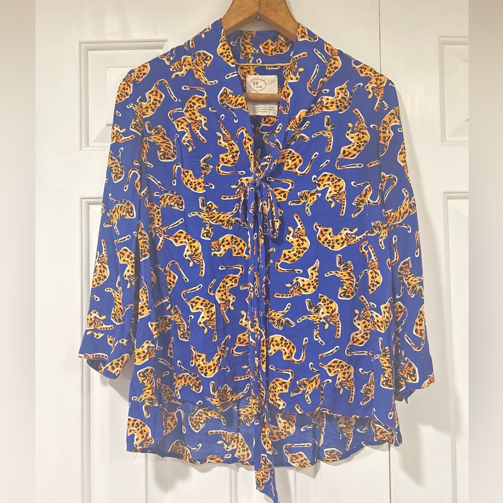 Anthropologie Blue and Orange Animal Print Blouse